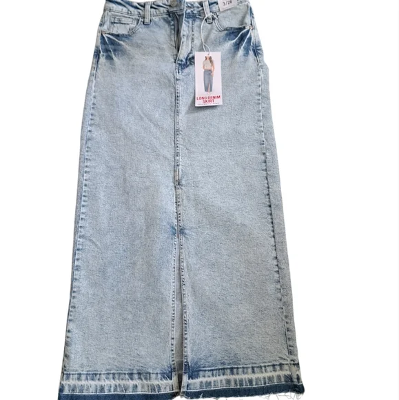 CELEBRITY PINK Acid wash long denim jean skirt slit cotton  boho Chic 3/26 - Picture 5 of 12